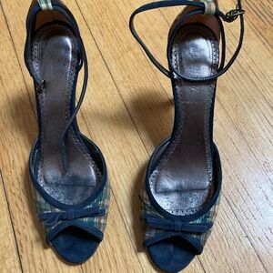 J. Crew Navy and Plaid Ankle Strap Heels